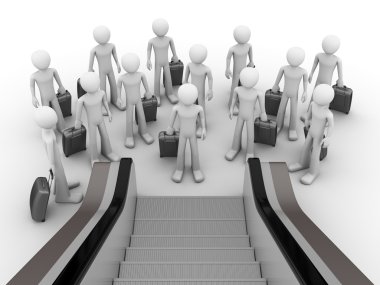 Crowd of tourists before escalator clipart