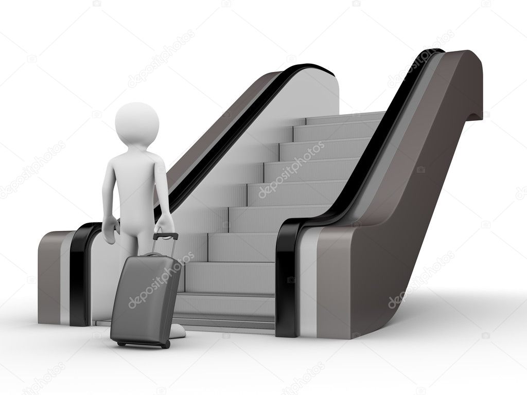 Traveler with a trunk before escalator