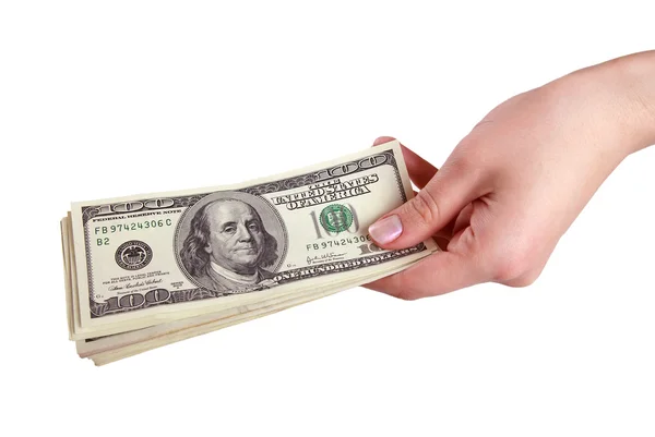 Hand with money on white background — Stock Photo, Image