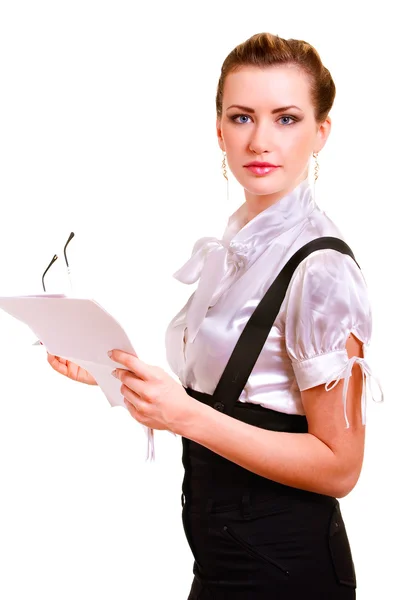 Woman holds papers and glasses — Stock Photo, Image