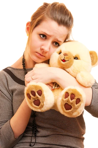 Oyuncak ayı ile mutsuz kız — Stok fotoğraf