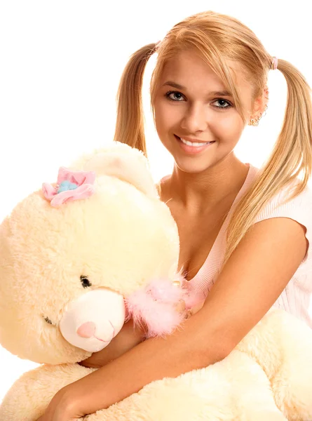 Blondine mit Teddybär — Stockfoto