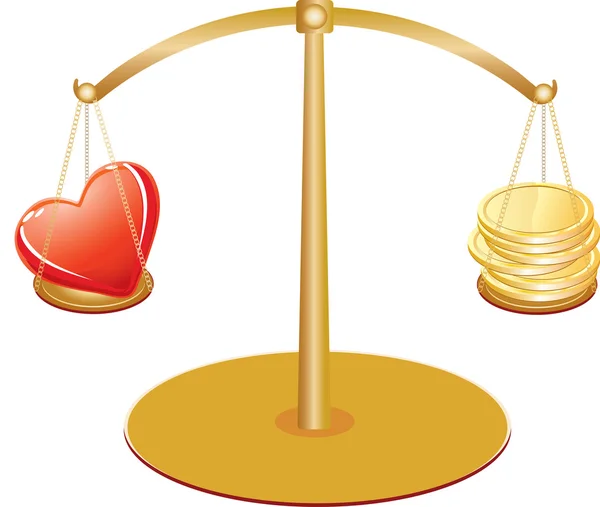 Balanças de ouro com coração e dinheiro — Vetor de Stock