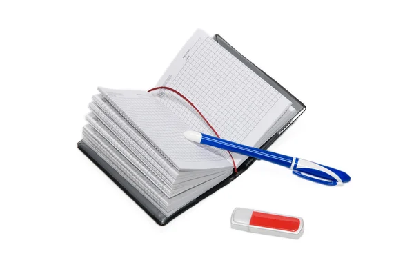 Pen, notebook and USB flash drive — Stock Photo, Image
