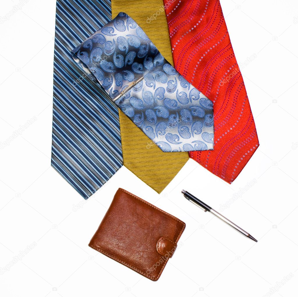 Ties are varicoloured, purse and pen