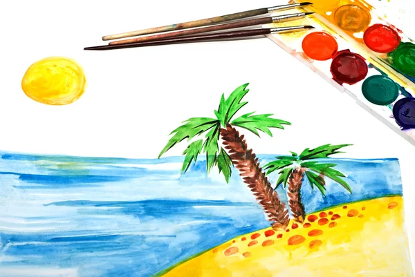 Child's Painting of tropical coast — Stock Photo, Image
