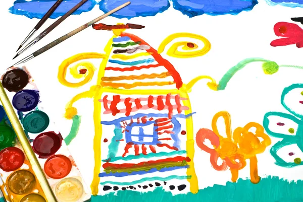 Дитячий живопис сільського будинку — стокове фото