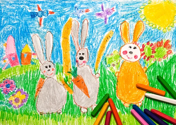 Child's Drawing of rabbits family — Stock Photo, Image