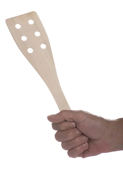 Wood spatula in hand on white — Stock Photo, Image