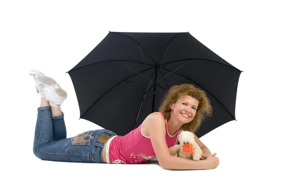 Mulher com guarda-chuva e brinquedo — Fotografia de Stock