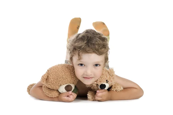 Little boy with toy bear — Stock Photo, Image