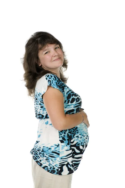 Portrait expectant mother on white — Stock Photo, Image
