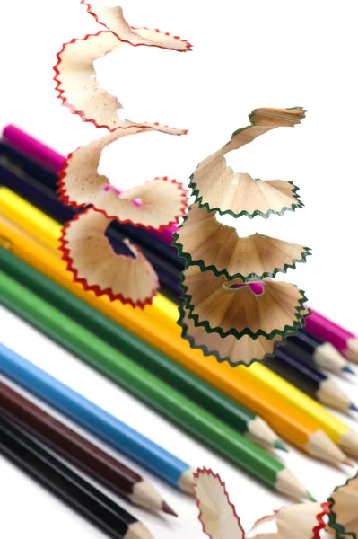 Pencil and shavings macro on white — Stock Photo, Image