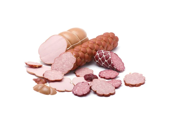 Cutting sausage on white — Stock Photo, Image