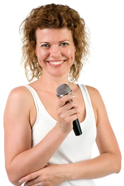 Woman with microphone closeup — Stock Photo, Image