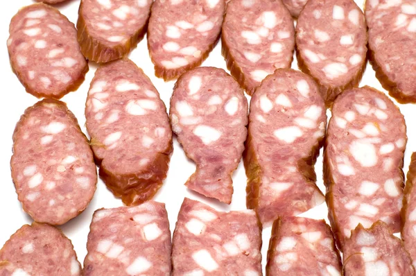Cutting boiled sausage — Stock Photo, Image