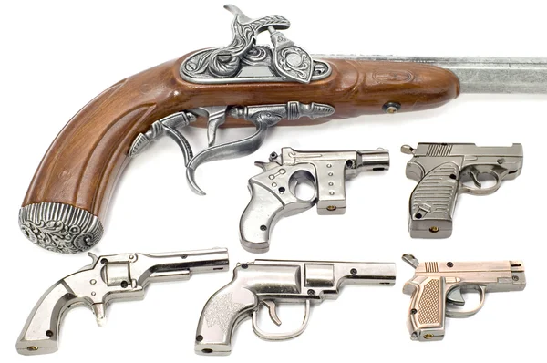 Set of pistols lighter on white — Stock Photo, Image