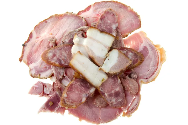Snijden gerookte worst en varkensvlees gammon — Stockfoto