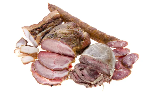 Cięcia wędzone kiełbasy i wieprzowina Baleron — Zdjęcie stockowe