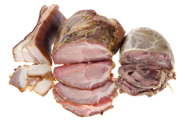 Cutting smoked sausage and pork gammon — Stock Photo, Image