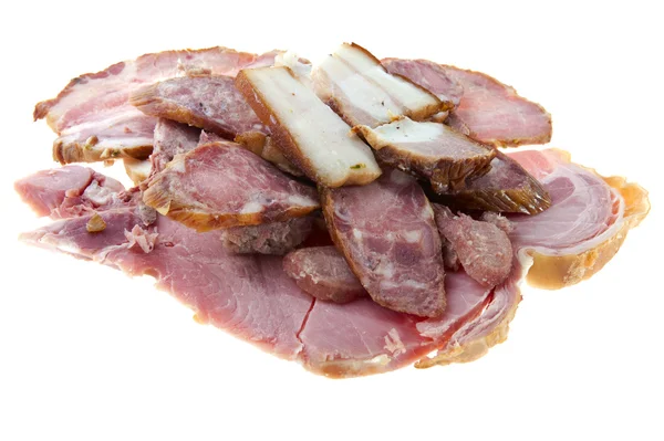 절단 훈제 소시지와 돼지고기 훈제 햄 — 스톡 사진