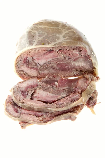 Taglio di carne di maiale di prosciutto crudo su bianco — Foto Stock