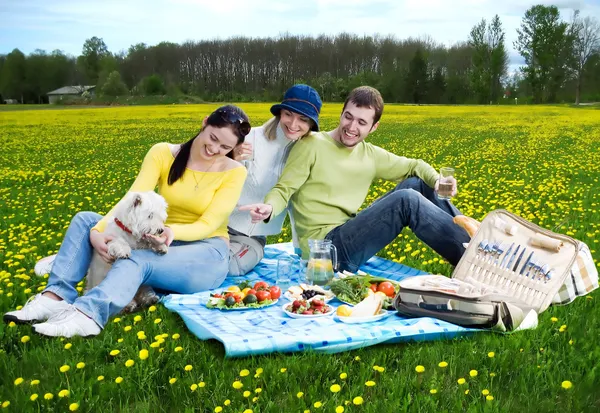 Vrienden met witte hondje op picnic — Stockfoto