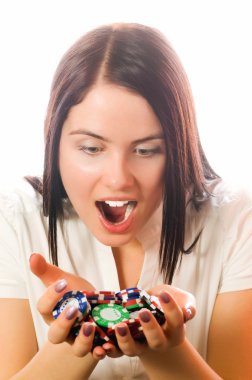 Girls holding a bunch of poker chips clipart