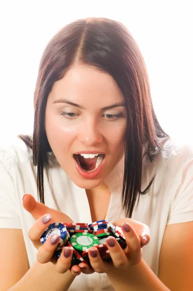 Девушки держат кучу фишек для покера — стоковое фото