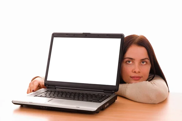 Jeune fille avec ordinateur portable isolé sur blanc — Photo