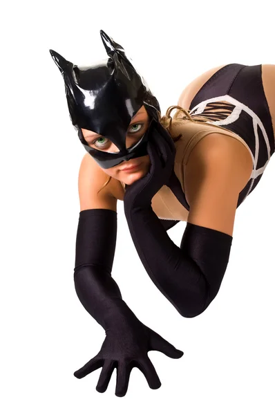 Close-up of young girl in cat mask — Stockfoto