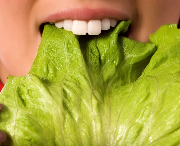 Крупный план девушка ест салат лист — стоковое фото