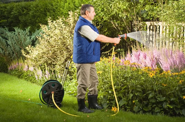 Man watering flowers in the garden — Stock Photo, Image