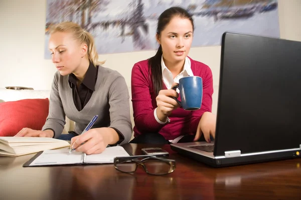 两个女孩与办公室里的笔记本电脑 — 图库照片
