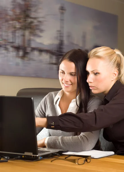 Meninas com laptop no escritório — Fotografia de Stock