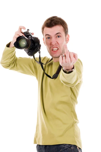 Homem irritado com câmera — Fotografia de Stock