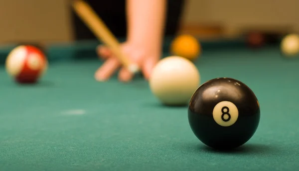 Billiard game (black ball in focus) — Stock Photo, Image