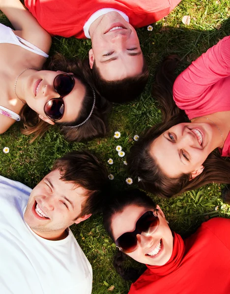 Skupina přátel, ležící na trávě — Stock fotografie