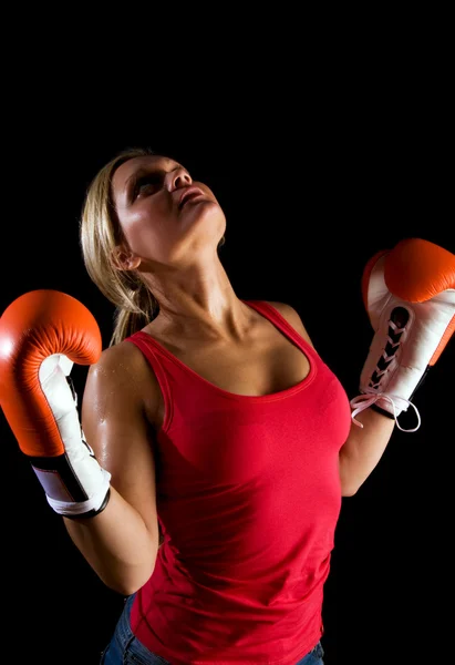 Boxer girl over black background — Stock Photo, Image