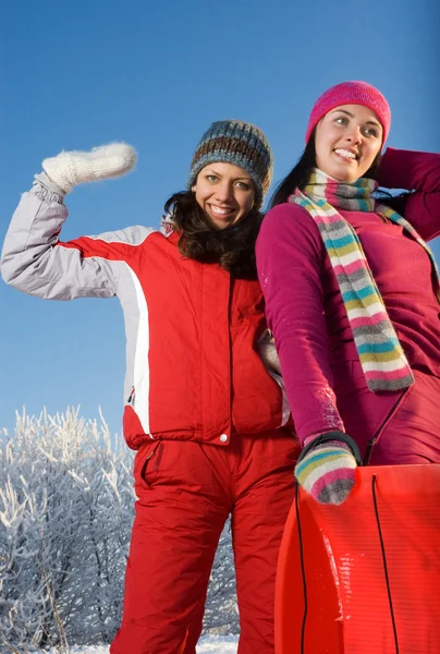 两个年轻漂亮的女孩与雪橇 — 图库照片