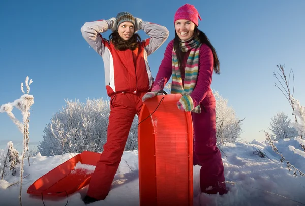 Two young beautiful girls with sledges — Stock Photo, Image