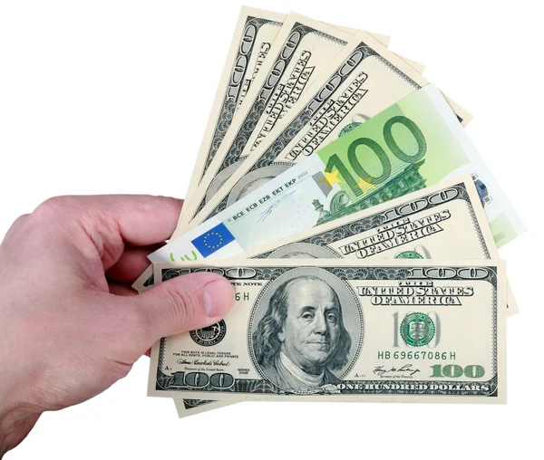 Hand mit Dollar und Euro auf weiß — Stockfoto