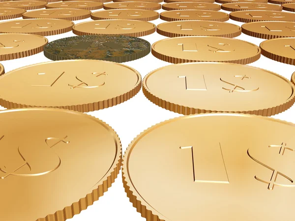 Gold 1$ coin carpet on white — Stock Photo, Image