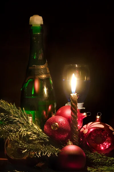 Candle and christmas-tree decorations — Stock Photo, Image