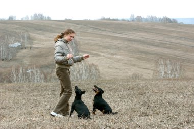 The girl with two dogs clipart