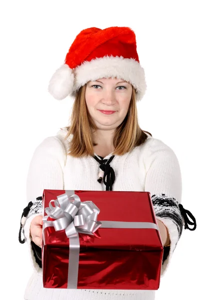 Santa girl giving a gift — Stock Photo, Image
