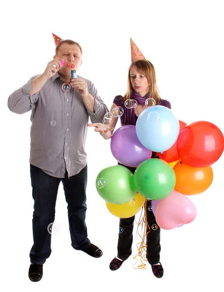 Happy Couple with baloons and bubbles — Stock Photo, Image