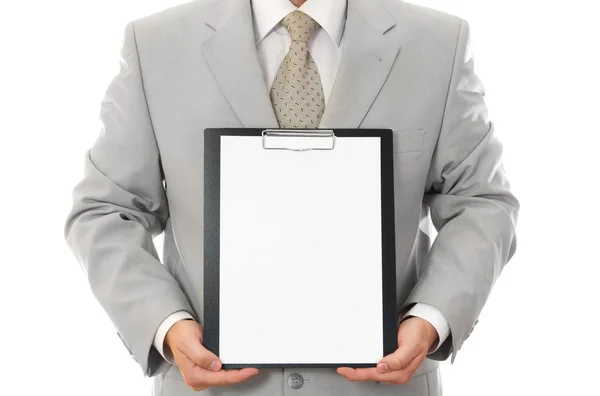 Biznesmen, trzymając arkusz papieru z em — Zdjęcie stockowe