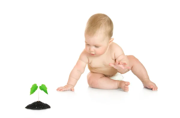 Bebé pequeño con planta verde — Foto de Stock