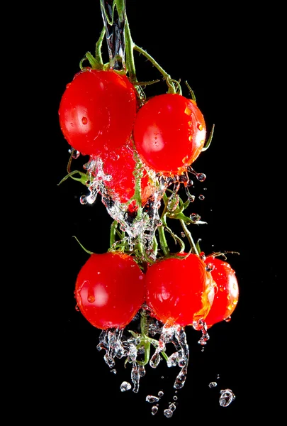 Flow of pourng water on tomato bunch — Stock Photo, Image